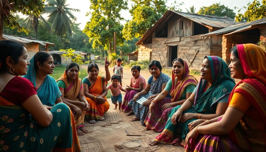A vibrant outdoor scene in a picturesque Indian village, with a group of women gathered in the foreground, engaged in animated conversation. The women, dressed in colorful traditional attire, sit on woven mats, surrounded by lush greenery and rustic structures in the background. Soft, natural lighting filters through the trees, casting a warm, golden glow on the scene. The women's faces are expressive, reflecting their diverse emotions and experiences. In the middle ground, a few children play, adding a sense of community and liveliness to the setting. The overall atmosphere conveys a sense of empowerment, resilience, and the richness of rural Indian women's narratives.