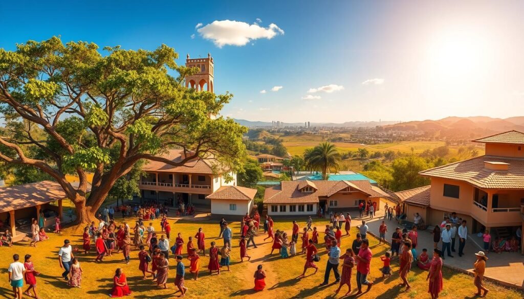 A vibrant, panoramic scene depicting the diverse landscape of the Indian education system. In the foreground, a bustling schoolyard filled with lively students in traditional attire, engaged in various activities - from studying under the shade of sprawling banyan trees to participating in spirited games. The middle ground features a mix of modern and traditional school buildings, their roofs adorned with intricate architectural details. In the background, rolling hills and a clear blue sky, with a distant city skyline hinting at the rapid modernization transforming the educational landscape. The scene is illuminated by warm, golden sunlight, casting a sense of optimism and progress. The overall composition conveys the dynamic interplay of tradition and innovation shaping the future of education in rural India. A vibrant, panoramic scene depicting the diverse landscape of the Indian education system. In the foreground, a bustling schoolyard filled with lively students in traditional attire, engaged in various activities - from studying under the shade of sprawling banyan trees to participating in spirited games. The middle ground features a mix of modern and traditional school buildings, their roofs adorned with intricate architectural details. In the background, rolling hills and a clear blue sky, with a distant city skyline hinting at the rapid modernization transforming the educational landscape. The scene is illuminated by warm, golden sunlight, casting a sense of optimism and progress. The overall composition conveys the dynamic interplay of tradition and innovation shaping the future of education in rural India.