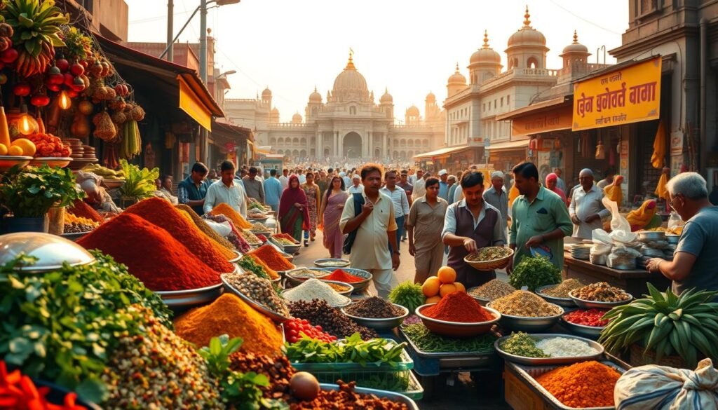 A vibrant, richly hued scene of an Indian food market. In the foreground, an array of spices, herbs, and colorful produce spill out from stalls, their aromas wafting through the air. In the middle ground, merchants and shoppers mingle, their traditional attire and animated gestures conveying the lively atmosphere. The background features the bustling streets of an Indian city, with towering buildings, ornate architecture, and the occasional glimpse of a temple or palace. Warm, golden lighting filters through, casting a soft glow over the entire scene and evoking the warmth and hospitality of Indian cuisine and culture.