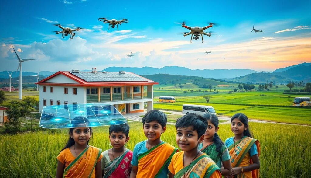 A vibrant rural Indian landscape, where technology has seamlessly integrated into the fabric of education. In the foreground, a group of students, their faces alight with curiosity, engaged with holographic learning interfaces. Surrounding them, a modern, eco-friendly school building with solar panels and wind turbines, signifying a future powered by renewable energy. In the middle ground, drones hover, delivering educational supplies and virtual tutors, while self-driving buses transport children to and from the school. The background showcases lush, verdant fields and rolling hills, a testament to the harmony between technology and the natural world. The scene radiates a sense of hope, progress, and equal opportunity, reflecting the transformative power of technology in shaping the future of education in rural India. A vibrant rural Indian landscape, where technology has seamlessly integrated into the fabric of education. In the foreground, a group of students, their faces alight with curiosity, engaged with holographic learning interfaces. Surrounding them, a modern, eco-friendly school building with solar panels and wind turbines, signifying a future powered by renewable energy. In the middle ground, drones hover, delivering educational supplies and virtual tutors, while self-driving buses transport children to and from the school. The background showcases lush, verdant fields and rolling hills, a testament to the harmony between technology and the natural world. The scene radiates a sense of hope, progress, and equal opportunity, reflecting the transformative power of technology in shaping the future of education in rural India.