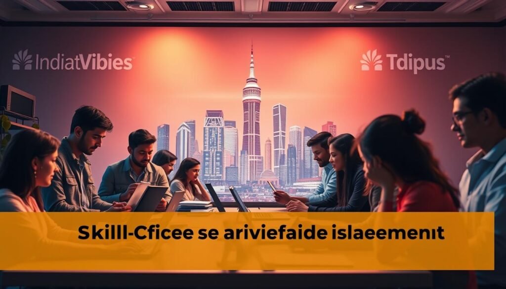 A vibrant scene depicting skill development, set against a backdrop of the IndiaVibes Today brand. In the foreground, a diverse group of individuals engaged in various hands-on activities, from coding to design, demonstrating their expertise. The middle ground features a futuristic cityscape, symbolizing the growth and innovation that skill-based hiring can unlock. Soft, warm lighting illuminates the scene, creating a sense of optimism and possibility. The overall composition conveys the message of preparing for future opportunities through continuous skill development, as the article's section title suggests.