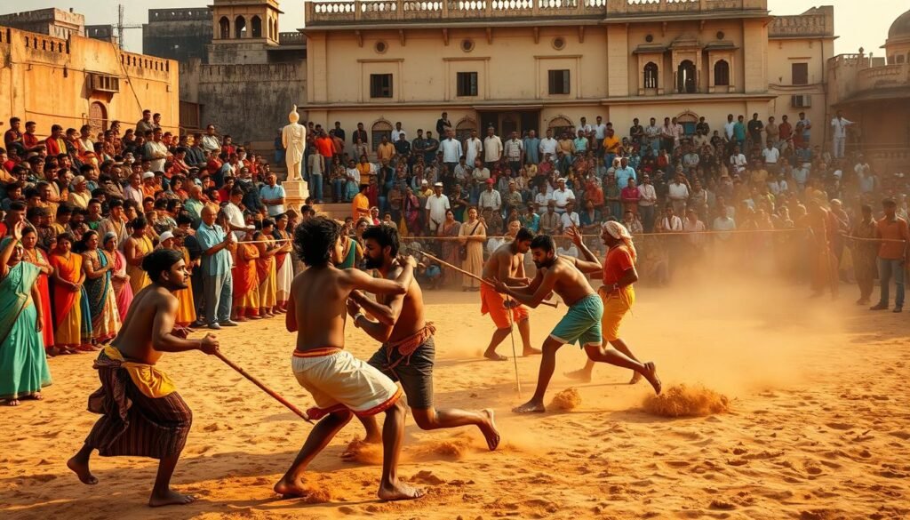 A vibrant scene of a Kabaddi match in India, captured with a wide-angle lens. In the foreground, players in traditional attire grapple and tackle each other on a dusty court, their intense expressions mirroring the crowd's fervent cheers. In the middle ground, spectators clad in colorful garments fill the stands, creating a lively atmosphere. The background features a backdrop of historic architecture, hinting at the deep cultural roots of this ancient sport. The lighting is warm and natural, casting a golden glow over the entire scene, evoking the passion and energy that defines Kabaddi's prominence in the Indian sporting landscape.