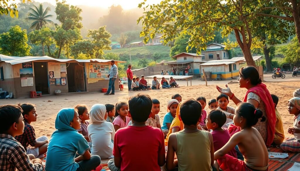 A vibrant scene of community education in rural India. In the foreground, a group of children seated on the floor, their faces alight with curiosity as they listen to a teacher gesturing animatedly. Mid-ground, a makeshift outdoor classroom with colorful murals and posters on the walls, surrounded by a lush, verdant landscape. In the background, a cluster of simple homes and the silhouettes of people going about their daily lives. Warm, golden sunlight filters through the trees, casting a gentle glow over the entire scene. The atmosphere is one of engaged learning, community spirit, and a deep appreciation for the transformative power of education. A vibrant scene of community education in rural India. In the foreground, a group of children seated on the floor, their faces alight with curiosity as they listen to a teacher gesturing animatedly. Mid-ground, a makeshift outdoor classroom with colorful murals and posters on the walls, surrounded by a lush, verdant landscape. In the background, a cluster of simple homes and the silhouettes of people going about their daily lives. Warm, golden sunlight filters through the trees, casting a gentle glow over the entire scene. The atmosphere is one of engaged learning, community spirit, and a deep appreciation for the transformative power of education.
