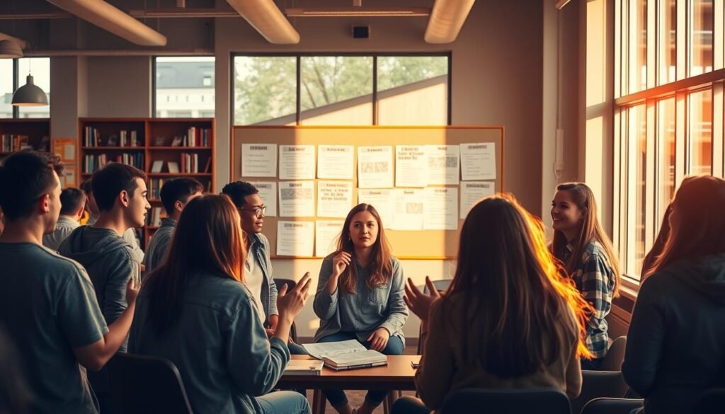 A vibrant student lounge, bustling with activity. In the foreground, a group of students engaged in lively discussions, gesturing animatedly as they share their thoughts on the updated syllabus. Warm, natural lighting filters in through large windows, casting a cozy glow over the scene. In the middle ground, a bulletin board displays student-made posters, each offering unique perspectives and feedback. The background blurs into a softened library setting, bookshelves and study nooks hinting at the academic environment. The overall mood is one of collaboration, thoughtfulness, and a sense of student empowerment in the curriculum development process.