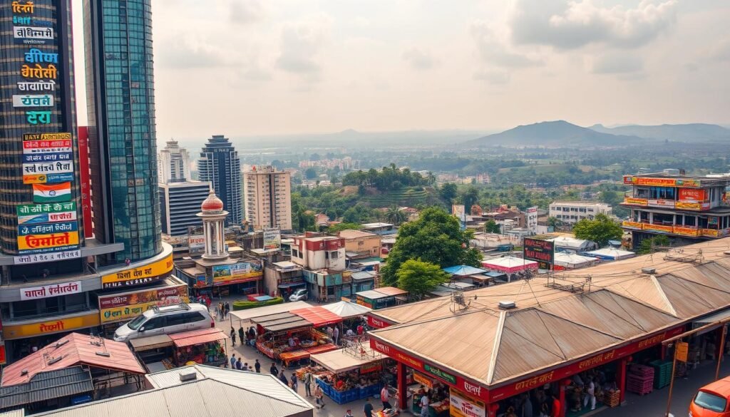 A vibrant tapestry of diverse Indian scripts and languages, intertwined in a harmonious dance of progress and preservation. In the foreground, a futuristic cityscape with towering skyscrapers adorned with multilingual signage, reflecting the nation's linguistic wealth. In the middle ground, a bustling marketplace where vendors showcase their wares, their voices echoing in a symphony of regional dialects. In the distance, rolling hills and verdant landscapes, a timeless backdrop for the ever-evolving linguistic landscape. Soft, diffused lighting illuminates the scene, evoking a sense of optimism and unity. Captured through the lens of a wide-angle camera, this image conveys the dynamic and inclusive future of India's linguistic tapestry.