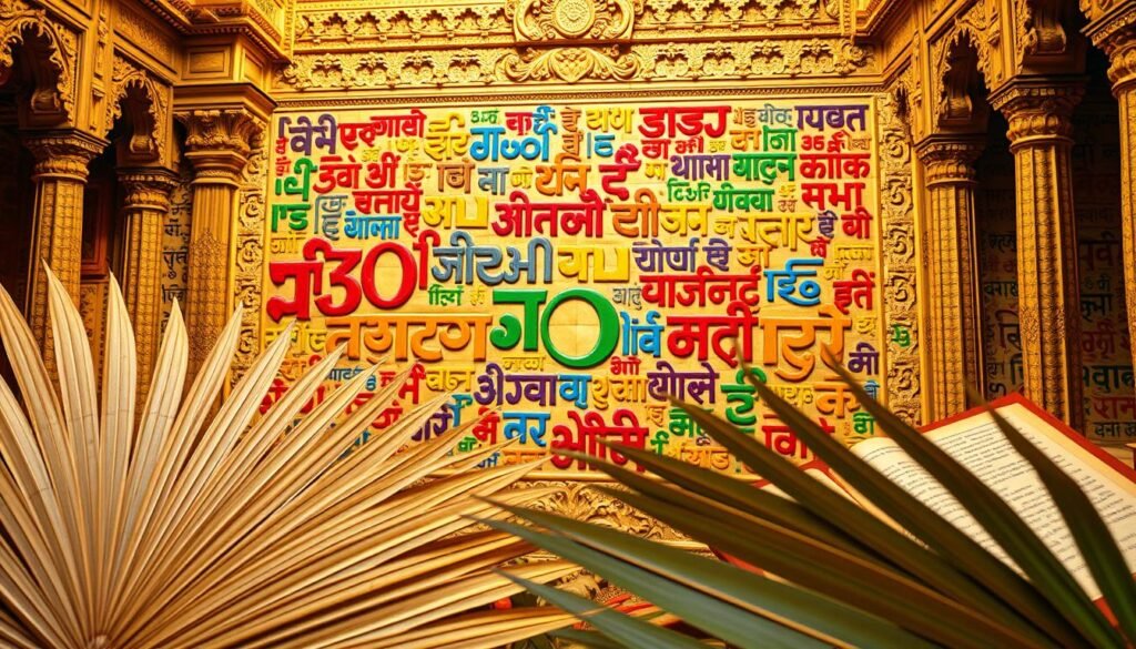 A vibrant tapestry of linguistic diversity, the heritage of India shines through its ornate scripts and intricate patterns. In the foreground, elegant calligraphic forms dance across ancient palm leaves and fragile manuscripts, each a testament to centuries of cultural exchange. In the middle ground, a mosaic of colorful regional scripts - Devanagari, Bangla, Telugu, and more - intertwine, reflecting the rich tapestry of India's linguistic landscape. The background features intricate architectural details, carved with intricate linguistic motifs, casting a warm, golden glow over the scene. The overall atmosphere exudes a sense of timeless wisdom, where the written word is revered as a sacred embodiment of India's extraordinary linguistic heritage.