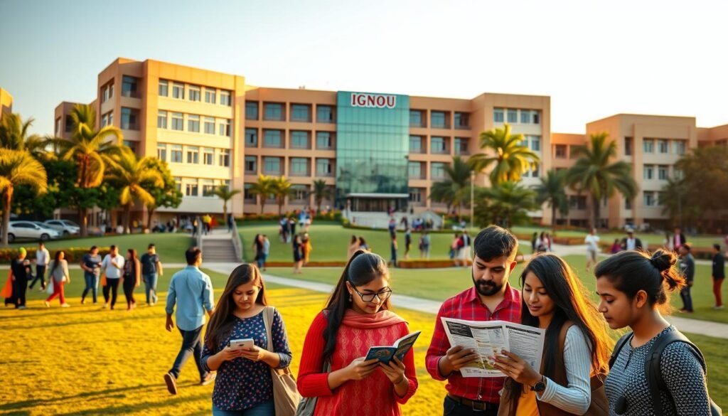 A vibrant university campus with the iconic IGNOU logo prominently displayed on the facade of a modern, multi-story academic building. The scene is bathed in warm, golden sunlight, casting long shadows across the well-manicured lawn and walkways. Students of diverse backgrounds can be seen strolling across the campus, deep in conversation or heading to their classes. In the foreground, a group of prospective students examine informational brochures, their faces alight with excitement and anticipation for the upcoming admission process. The composition captures the energy, diversity, and sense of opportunity that defines the IGNOU experience, inviting the viewer to imagine themselves as part of this dynamic academic community.