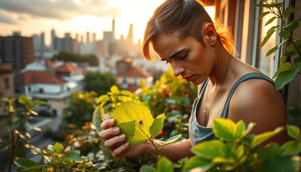 A vibrant urban balcony, lush with thriving plants, faces a battle against unwelcome pests and diseases. In the foreground, an organic gardener examines a leaf, brow furrowed, searching for signs of infestation. The middle ground showcases various natural pest control methods - neem oil sprays, beneficial insects, and hand-picking troublesome critters. In the background, the city skyline provides a moody, atmospheric contrast, hinting at the urban challenges of maintaining a healthy, productive balcony garden. Warm, golden-hour lighting casts a serene, hopeful glow, suggesting the gardener's determination to overcome these common urban gardening hurdles. A vibrant urban balcony, lush with thriving plants, faces a battle against unwelcome pests and diseases. In the foreground, an organic gardener examines a leaf, brow furrowed, searching for signs of infestation. The middle ground showcases various natural pest control methods - neem oil sprays, beneficial insects, and hand-picking troublesome critters. In the background, the city skyline provides a moody, atmospheric contrast, hinting at the urban challenges of maintaining a healthy, productive balcony garden. Warm, golden-hour lighting casts a serene, hopeful glow, suggesting the gardener's determination to overcome these common urban gardening hurdles.