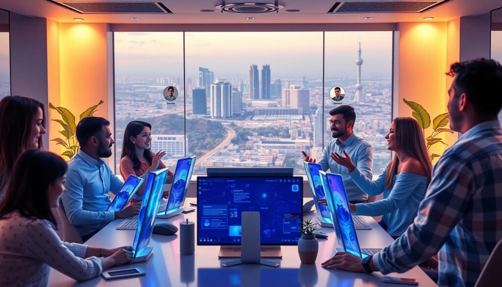 A vibrant virtual office scene with IndiaVibes Today employees collaborating in a sleek, futuristic workspace. In the foreground, holograms of colleagues engage in a lively discussion, their gestures animated and expressive. The middle ground features a panoramic view of the remote work landscape, with skyscrapers and tech hubs blending seamlessly with serene natural backdrops. Soft, warm lighting illuminates the space, creating a cozy and productive atmosphere. The scene conveys the dynamic, connected nature of modern professional networking in the remote work era.