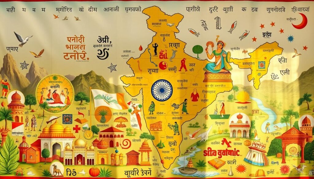 A vibrant visual tapestry depicting the major language families of India, rendered in a realistic, detailed style. The foreground showcases the distinct scripts and writing systems of the Indo-Aryan, Dravidian, Sino-Tibetan, and Austroasiatic language groups, with each script elegantly represented. The middle ground features dynamic illustrations of cultural elements and symbols associated with these language families, creating a sense of their rich diversity. The background subtly blends in geographical features like mountains, rivers, and lush vegetation, reflecting the diverse landscapes that have nurtured India's linguistic heritage. Warm, natural lighting illuminates the scene, conveying a sense of timeless cultural legacy.