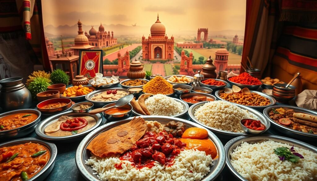 A vibrant, visually arresting composition showcasing the diverse array of regional thalis from across the Indian subcontinent. In the foreground, a selection of thali plates brimming with an assortment of curries, rice, breads, chutneys, and pickles in a kaleidoscope of colors and textures. In the middle ground, an arrangement of traditional serving vessels, spices, and ingredients used in the preparation of these iconic regional specialties. The background features a patchwork of textiles, architectural elements, and natural landscapes that evoke the unique cultural heritage of India's diverse culinary traditions. Warm, diffused lighting casts a soft, inviting glow over the scene, creating an atmosphere of celebration and discovery. Captured with a wide-angle lens to emphasize the scale and breadth of this culinary tapestry.