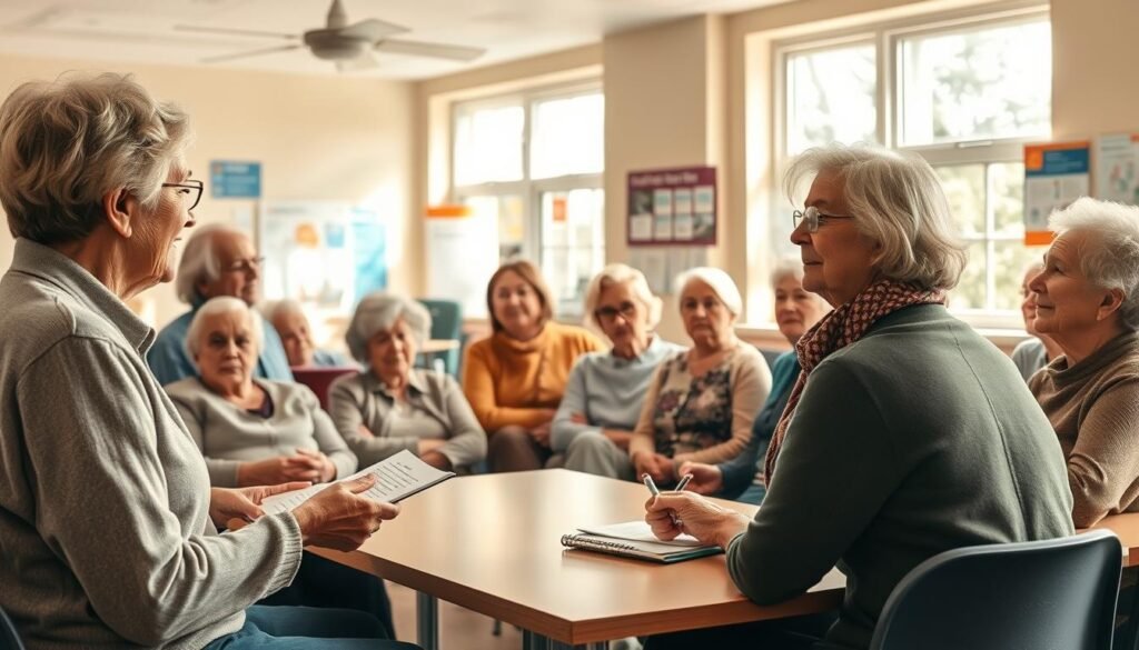 A warm, inviting classroom setting with elderly students engaged in a lively discussion about aging and healthcare. In the foreground, an attentive teacher gestures as she explains a concept using visual aids. The middle ground features a diverse group of seniors, some taking notes, others exchanging insights. Soft natural lighting filters through large windows, creating a soothing ambiance. The background showcases informative posters and educational materials relevant to the topic of elderly care. An atmosphere of knowledge-sharing and mutual understanding permeates the scene, reflecting the importance of educating the community about the challenges and opportunities of aging.
