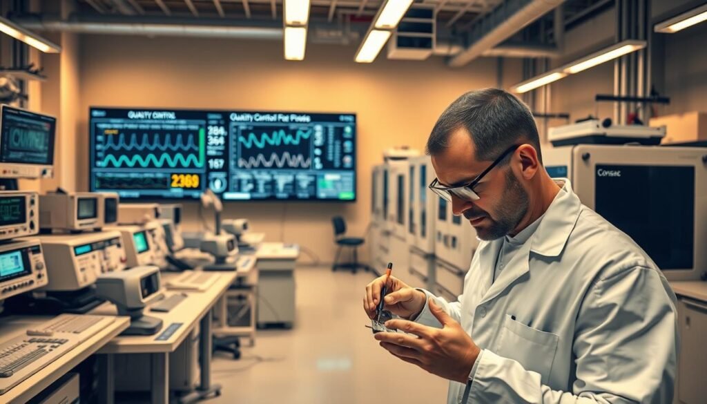 A well-equipped engineering lab with sleek, modern equipment and high-tech workstations. In the foreground, an engineer in a white lab coat carefully inspects a circuit board, using precision tools to ensure quality and accuracy. The middle ground features a large digital display showing quality control metrics and process data, reflecting Consac's systematic approach to quality assurance. The background showcases an array of advanced testing equipment, including oscilloscopes, multimeters, and climate-controlled chambers, all bathed in warm, focused lighting that highlights the attention to detail. The overall atmosphere conveys a sense of professionalism, technological sophistication, and a relentless commitment to quality management in engineering.