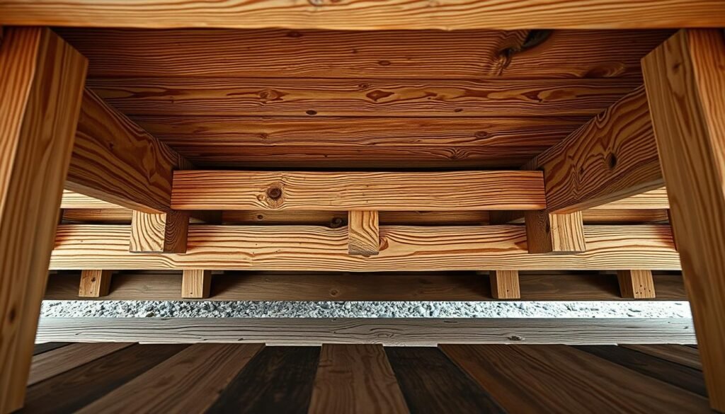 A well-lit, detailed cross-section view of a wooden deck structure, showcasing the ventilation space beneath. The foreground features the underside of the deck boards, with visible gaps and openings for airflow. The middle ground depicts the joists and supporting beams, meticulously crafted with intricate wood grains. In the background, the ground beneath the deck is visible, hinting at the importance of proper ventilation to prevent moisture buildup and damage. The scene is captured with a sharp, architectural lens, highlighting the precision and attention to detail required in joist and deck design. The overall mood conveys a sense of technical expertise and problem-solving in addressing common deck construction challenges.