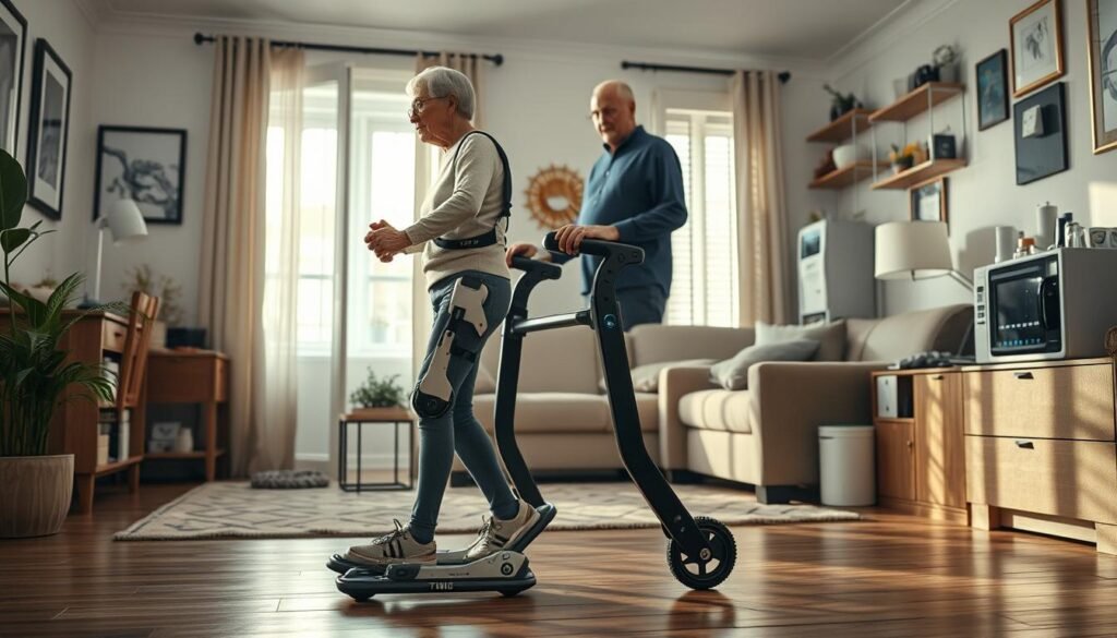 A well-lit, detailed scene showcasing a variety of assistive technologies for the elderly. In the foreground, a sleek and modern robotic exoskeleton supports an older person as they stand and move with ease. In the middle ground, a smart walker with integrated sensors and digital displays provides navigation assistance. In the background, an array of smart home devices, from voice-controlled lighting to automated medication dispensers, create a comfortable, technologically-enhanced living environment. The scene conveys a sense of empowerment, independence, and the seamless integration of cutting-edge assistive tools that enable the aging population to thrive in their golden years.