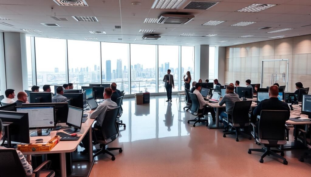 A well-lit, expansive training center with modern, ergonomic workstations arranged in a U-shaped configuration. In the foreground, a group of professionals engrossed in a hands-on workshop, utilizing state-of-the-art engineering tools and software. The middle ground features an instructor delivering a captivating presentation, surrounded by attentive trainees taking notes. The background showcases a panoramic view of the city skyline, conveying a sense of global connectivity and the international scope of the engineering initiatives. The atmosphere is one of focused learning, collaboration, and professional development.