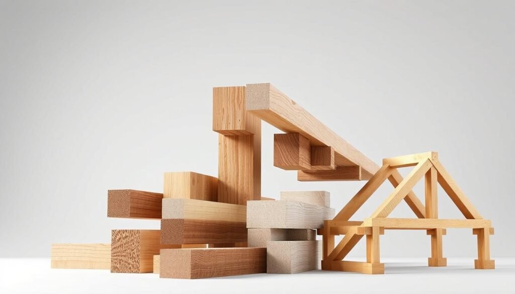 A well-lit, high-resolution 3D rendering of common materials used for joists, including solid wood beams, laminated veneer lumber (LVL), steel I-beams, and engineered wood trusses. The materials are arranged in a visually striking, almost architectural composition, showcasing their unique textures, grains, and structural profiles against a neutral, minimalist background. The lighting accentuates the materials' natural characteristics, creating a sense of depth and materiality. The overall scene conveys a sense of precision, durability, and the range of options available for constructing high-quality joists and decks.