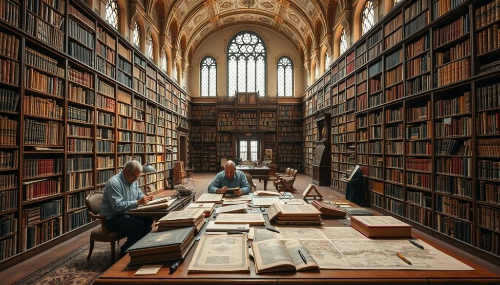 A well-lit, meticulously detailed academic library interior, with rows of bookshelves lining the walls, filled with volumes on linguistics and philology. In the foreground, a researcher sits at a desk, poring over ancient manuscripts and reference materials, surrounded by a diverse array of historical artifacts, maps, and linguistic diagrams. The middle ground features a large, ornate wooden table, covered in scribbled notes, dictionaries, and intricate linguistic charts. The background showcases high ceilings, stained-glass windows, and a serene, contemplative atmosphere, evoking the rich history and intellectual rigor of linguistic research and documentation in India.