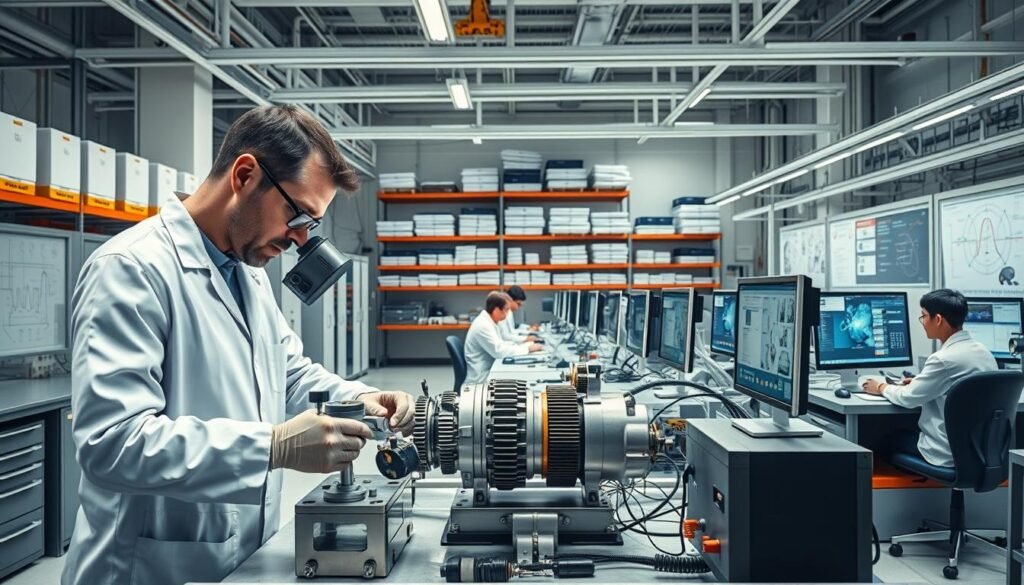 A well-lit modern engineering laboratory, with a focus on a multi-checker quality assurance system. In the foreground, an engineer in a white lab coat carefully examines a mechanical component on a high-precision workbench, using a magnifying glass and various calibration tools. In the middle ground, several other engineers collaborate at computer stations, analyzing data and cross-checking results. The background features rows of shelves stocked with neatly organized equipment, along with technical diagrams and displays on the walls, conveying a sense of meticulous attention to detail and a commitment to excellence in quality control.