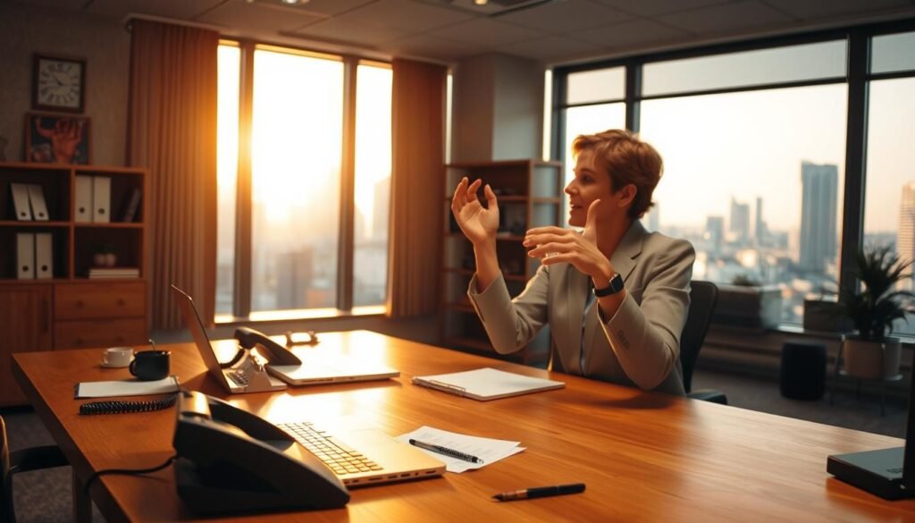 A well-lit office setting with a wooden desk, a laptop, and various communication tools - a telephone, a notepad, and a pen. In the foreground, a person is engaged in a lively conversation, gesturing animatedly. The background features a large window overlooking a cityscape, with a warm, golden glow filtering in. The overall atmosphere conveys a sense of productivity, collaboration, and the importance of effective communication in a professional environment. A well-lit office setting with a wooden desk, a laptop, and various communication tools - a telephone, a notepad, and a pen. In the foreground, a person is engaged in a lively conversation, gesturing animatedly. The background features a large window overlooking a cityscape, with a warm, golden glow filtering in. The overall atmosphere conveys a sense of productivity, collaboration, and the importance of effective communication in a professional environment.