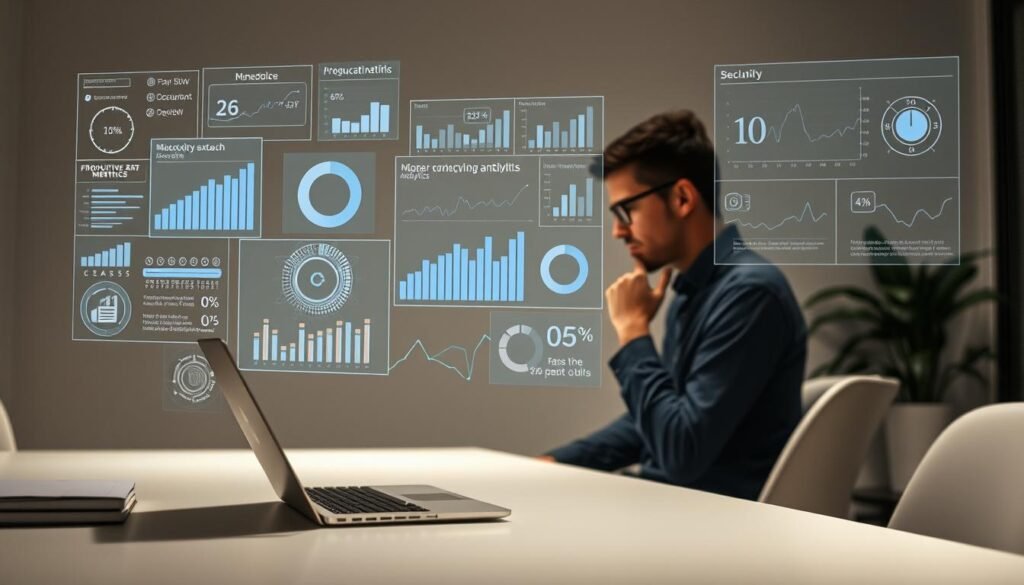 A well-lit office workspace, a laptop and a series of holographic data visualizations floating above it, showcasing various productivity metrics and AI-driven analytics. In the foreground, a person thoughtfully examining the data, surrounded by a serene, minimalist environment with clean lines and muted colors. The lighting is soft and diffused, creating a contemplative atmosphere as the subject evaluates the AI-powered insights. The overall scene conveys a sense of technological sophistication and human-centric design, highlighting the integration of AI tools to enhance workplace productivity.