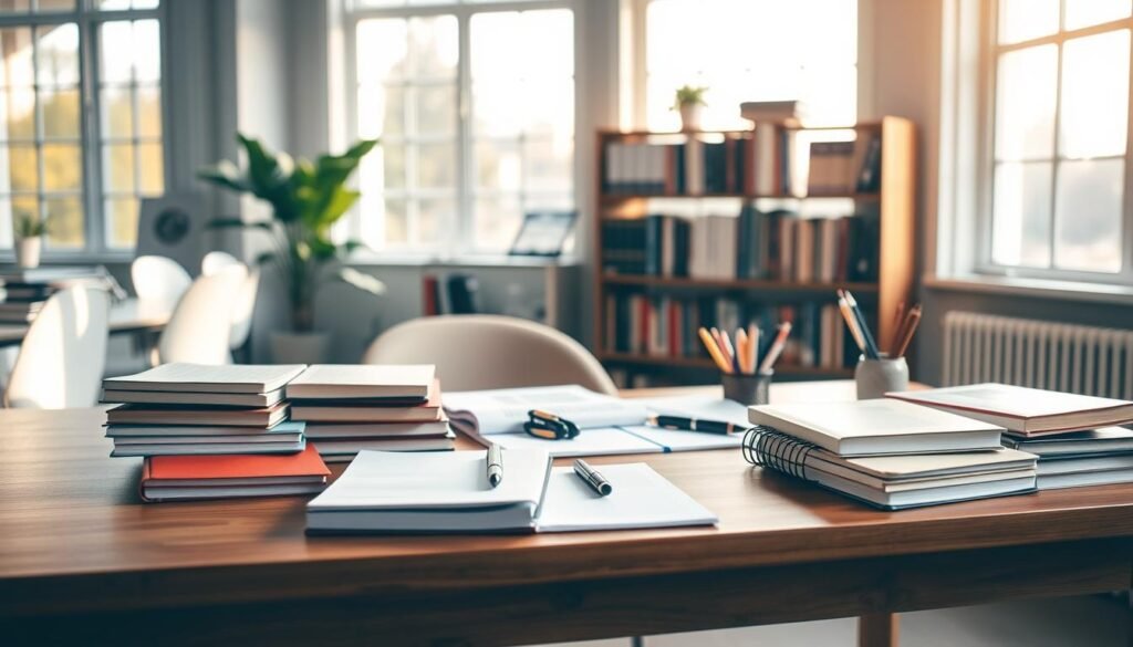 A well-organized study space with an assortment of textbooks, notebooks, pens, and a laptop on a wooden desk. The room is flooded with warm, natural light from large windows, casting a cozy and focused atmosphere. In the background, a bookshelf showcases a collection of academic references, while a plant adds a touch of greenery to the scene. The layout is clean and minimal, allowing the study materials to take center stage, conveying a sense of productivity and diligence.