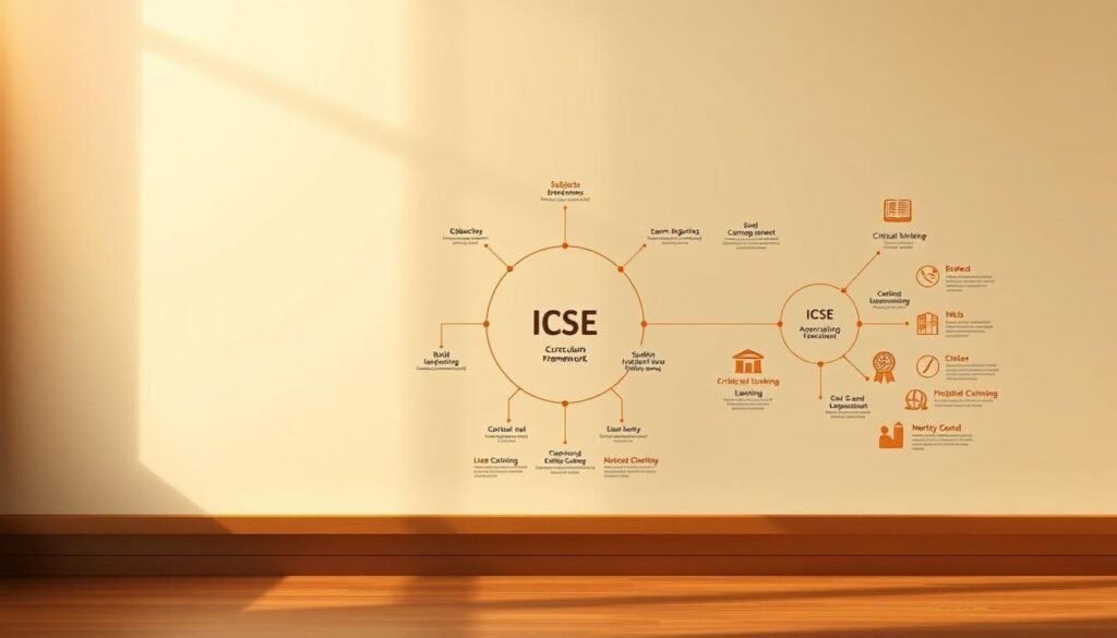 A well-structured, visually captivating illustration of the ICSE curriculum framework. Set against a clean, minimalist background, the foreground features a detailed diagram showcasing the various components and interconnections of the curriculum, including subjects, learning objectives, and assessment methods. The middle ground depicts symbolic icons and infographic elements that highlight the curriculum's emphasis on holistic development, critical thinking, and student-centric learning. The image is bathed in soft, warm lighting, creating a serene, contemplative atmosphere that aligns with the article's focus on the ICSE board's approach to education. A well-structured, visually captivating illustration of the ICSE curriculum framework. Set against a clean, minimalist background, the foreground features a detailed diagram showcasing the various components and interconnections of the curriculum, including subjects, learning objectives, and assessment methods. The middle ground depicts symbolic icons and infographic elements that highlight the curriculum's emphasis on holistic development, critical thinking, and student-centric learning. The image is bathed in soft, warm lighting, creating a serene, contemplative atmosphere that aligns with the article's focus on the ICSE board's approach to education.