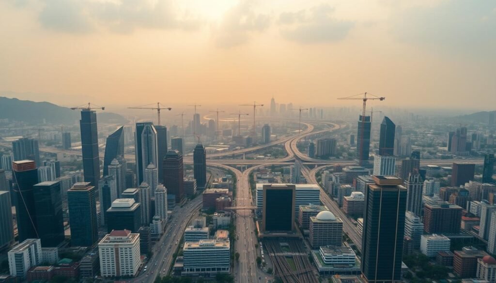 An aerial view of a bustling Indian city skyline, with towering skyscrapers and cranes dotting the horizon. In the foreground, a sprawling financial district bustles with activity, modern glass-and-steel buildings reflecting the warm glow of the setting sun. In the middle ground, a network of highways and railways connects the city to the surrounding countryside, symbolizing the flow of foreign investment and trade. In the background, lush green hills rise up, hinting at India's natural beauty and vast potential. The scene conveys a sense of dynamism, progress, and optimism, capturing the spirit of India's ambitious $10 trillion vision for the future.