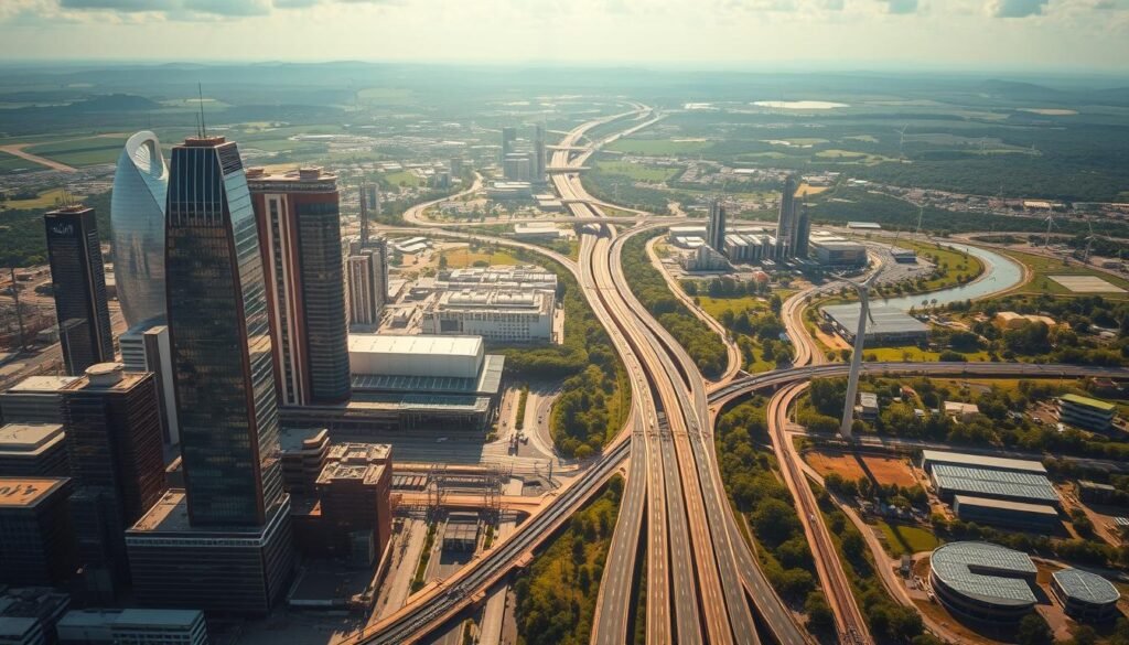 An aerial view of a sprawling global engineering hub, Consac Engineering Global Impact. In the foreground, towering modern skyscrapers and gleaming industrial complexes dot the landscape, their sleek facades reflecting the sun's rays. In the middle ground, a network of bustling highways and railways converge, ferrying materials and personnel to fuel the company's worldwide operations. The background reveals lush, verdant landscapes punctuated by renewable energy installations - wind turbines and solar arrays - symbolizing Consac's commitment to sustainable development. The scene is bathed in a warm, golden light, evoking a sense of progress, innovation, and far-reaching influence.