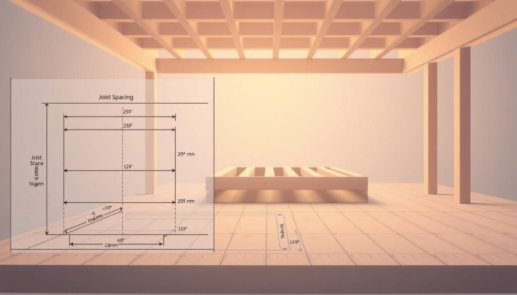 An architectural blueprint-style illustration of joist spacing guidelines for a deck construction project. In the foreground, a detailed diagram showcases the proper joist placement and spacing, with precise measurements and technical annotations. The middle ground features a three-dimensional perspective of the deck frame, highlighting the structural integrity of the joists. In the background, a soft, muted color palette evokes a sense of technical precision and engineering expertise. Subtle, warm lighting illuminates the scene, creating depth and emphasizing the structural elements. The overall composition conveys a sense of professionalism and attention to detail, reflecting the expertise described in the article's section title.