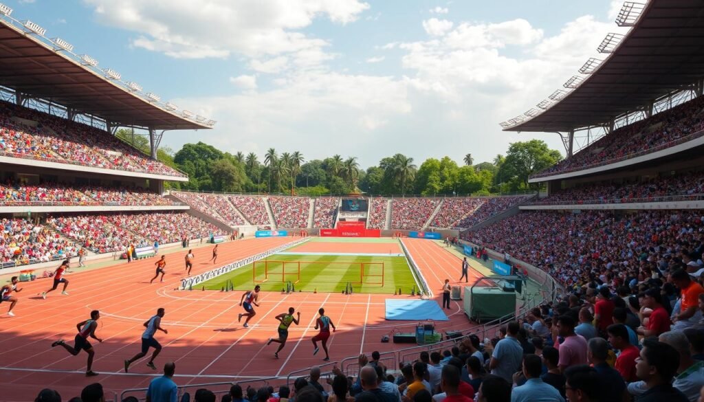 An athletics stadium in India, with a vibrant crowd cheering on a diverse group of athletes competing in a variety of events. The foreground features high-energy track and field competitions, including sprinters dashing down the lanes, hurdlers clearing obstacles, and long jumpers soaring through the air. In the middle ground, weightlifters and gymnasts perform gravity-defying feats, showcasing the incredible physical prowess of India's rising stars. The background is filled with lush greenery and a clear, sun-dappled sky, creating a sense of energy, optimism, and national pride. The lighting is warm and natural, capturing the intensity of the competition and the enthusiasm of the spectators. The scene conveys the hidden potential of India's athletics, poised to emerge from the shadow of cricket's dominance.