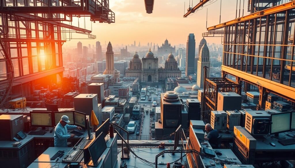 An elaborate engineering facility nestled in the vibrant heart of India, its sprawling campus a testament to the nation's technical prowess. In the foreground, skilled engineers collaborate at sleek workstations, their faces alight with the spark of innovation. The middle ground reveals state-of-the-art equipment and cutting-edge technology, seamlessly integrated to drive the gears of global engineering. The background showcases the bustling city skyline, a dynamic blend of modern high-rises and ancient architectural wonders, symbolizing India's rich heritage and progressive future. Warm, natural lighting filters through large windows, creating a harmonious, productive atmosphere. This image captures the essence of Consac's unique approach to engineering outsourcing, where world-class expertise and efficient processes converge to redefine India's role in the global engineering landscape.