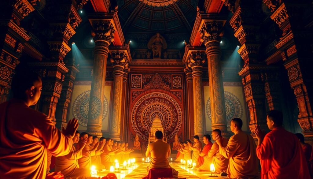 An elaborately decorated Hindu temple interior, bathed in warm, ambient lighting. In the foreground, priests in traditional attire perform ancient Vedic rituals, their hands gesturing with symbolic mudras. The middle ground features intricate mandalas and yantras adorning the walls, while the background reveals towering, ornate columns and a vaulted ceiling. An atmosphere of deep reverence and spiritual contemplation permeates the scene, capturing the essence of the Vedas and their influence on Hindu ritual practices. An elaborately decorated Hindu temple interior, bathed in warm, ambient lighting. In the foreground, priests in traditional attire perform ancient Vedic rituals, their hands gesturing with symbolic mudras. The middle ground features intricate mandalas and yantras adorning the walls, while the background reveals towering, ornate columns and a vaulted ceiling. An atmosphere of deep reverence and spiritual contemplation permeates the scene, capturing the essence of the Vedas and their influence on Hindu ritual practices.
