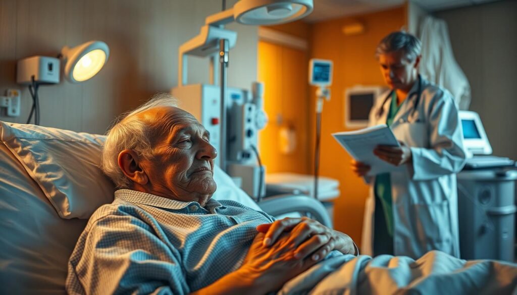 An elderly person resting comfortably in a modern, well-equipped hospital room, surrounded by medical equipment and attentive healthcare professionals. Soft, warm lighting illuminates the scene, creating a soothing atmosphere. In the foreground, the patient's weathered face reflects a mix of vulnerability and trust, as a nurse gently checks their vital signs. In the middle ground, a doctor reviews the patient's chart, discussing treatment options with a caring, empathetic demeanor. The background features state-of-the-art medical technology, conveying the advanced healthcare resources available to support the aging population's needs.