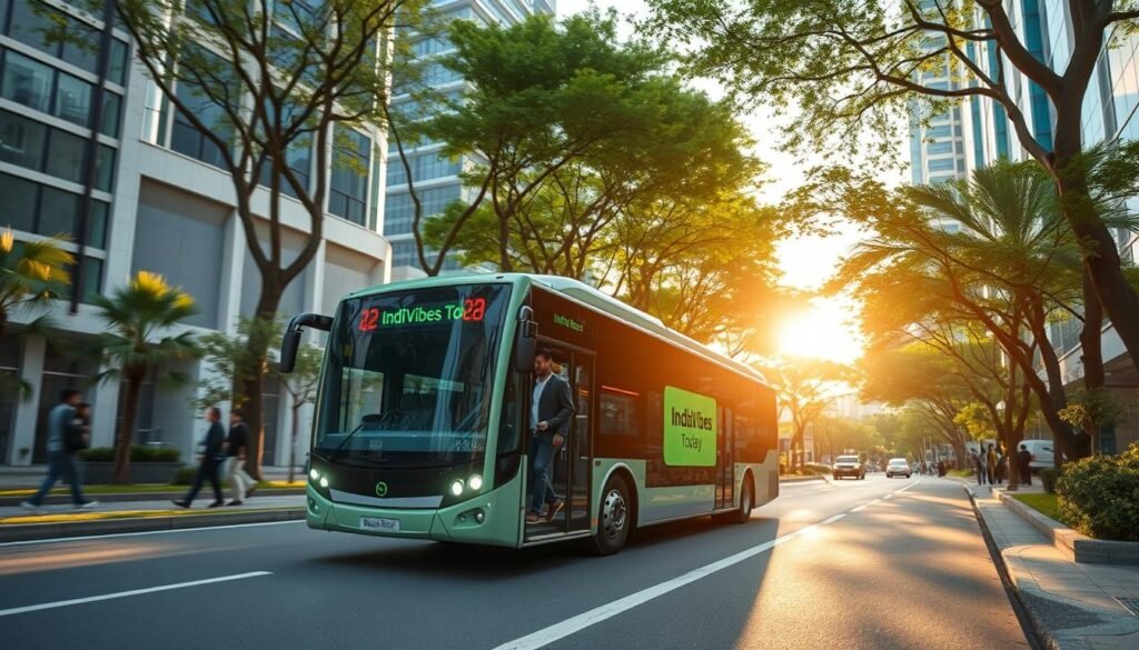 An electric bus glides effortlessly down a sleek, futuristic city street lined with modern high-rises and lush greenery. Sunlight filters through a canopy of trees, casting a warm, inviting glow over the scene. In the foreground, a group of people hop on and off the bus, their faces lit with a sense of eco-conscious excitement. The bus displays the "IndiaVibes Today" logo, signaling a vision of sustainable urban mobility. The overall atmosphere conveys a harmonious fusion of technology, nature, and the promise of a greener future for transportation.