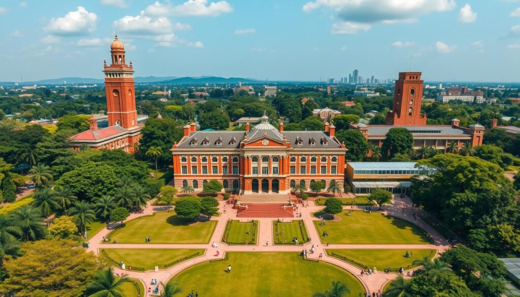 An expansive bird's-eye view of the Indian Institute of Science campus in Bangalore, nestled among lush greenery and towering architectural landmarks. The historic main building stands proudly, its Victorian-era design and red-brick facade complemented by meticulously manicured lawns. In the foreground, students and faculty move through the serene courtyards, engaged in animated discussions. The middle ground showcases state-of-the-art research laboratories and innovation hubs, their modern glass facades reflecting the campus' commitment to scientific progress. In the distance, the rolling hills of Bangalore's skyline provide a picturesque backdrop, conveying the institute's esteemed position within the city's rich intellectual and cultural fabric.