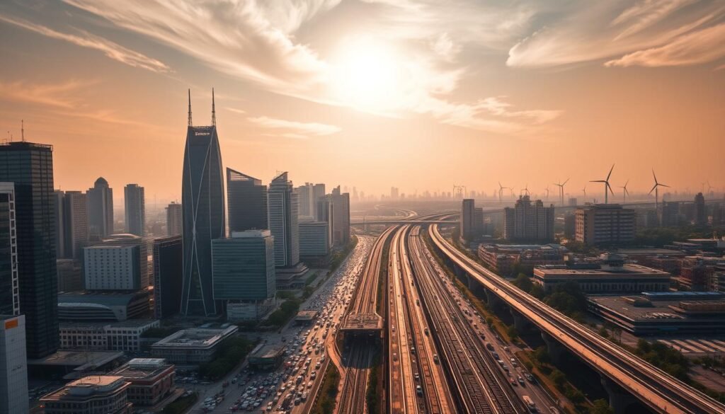 An expansive cityscape with towering skyscrapers and bustling streets, illuminated by the warm glow of the sun filtering through wispy clouds. In the foreground, a panoramic view of thriving technology hubs, their sleek glass facades reflecting the rapid progress of the digital age. In the middle ground, crowded highways and rail networks pulsing with the energy of a nation in transformation. The background fades into a horizon dotted with satellite dishes and wind turbines, symbolizing the integration of cutting-edge innovations powering India's new growth. A dynamic, forward-looking scene captured through a wide-angle lens, conveying the scale and momentum of India's technological revolution.