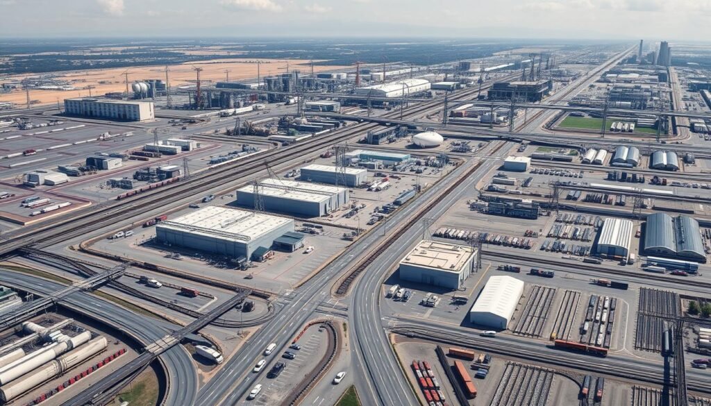 An expansive logistics hub stretching across a vast industrial landscape. In the foreground, a network of highways and railways intersect, bustling with cargo trucks and freight trains. Towering warehouses and distribution centers dot the middle ground, their rooftops crisscrossed with conveyor belts and cranes. In the background, a complex web of pipelines and power lines connects this intricate system, powering the seamless flow of goods. Bright, diffused lighting illuminates the scene, casting long shadows and creating a sense of scale and efficiency. A wide-angle lens captures the intricacy and interconnectedness of this critical infrastructure, underscoring the challenges of delivering essential resources to remote communities.