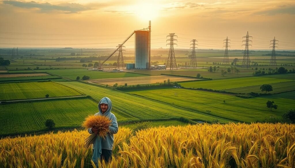An expansive, lush rural landscape stretches out, dotted with verdant fields and rolling hills. In the foreground, a farmer stands amidst a bountiful harvest, cradling a bundle of golden wheat stalks. The middle ground features a towering grain silo, its metallic facade gleaming in the warm, golden light of the setting sun. In the background, a sprawling network of power lines and communication towers stand as symbols of the infrastructure supporting this agricultural ecosystem. The scene conveys a sense of prosperity, stability, and the integral role that minimum support price policies play in sustaining the Green Revolution's impact on rural communities.