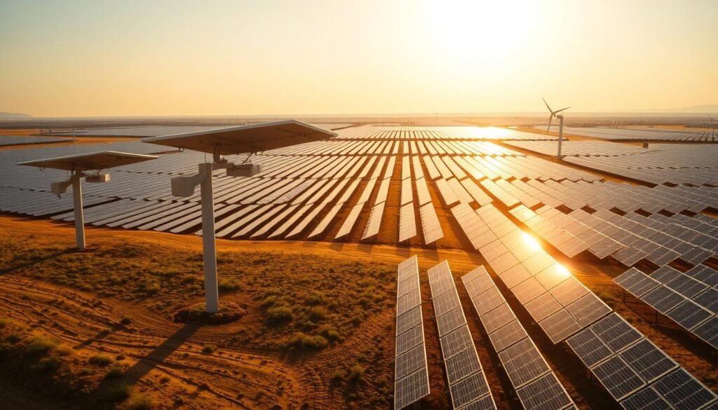 An immense solar park rests upon a gently rolling landscape, its sprawling expanse of gleaming solar panels basking in the warm, golden light of the sun. In the foreground, sleek, modern solar trackers rotate in unison, optimizing the angle of the panels to harness the sun's energy with maximum efficiency. The middle ground reveals rows upon rows of solar arrays, their symmetrical patterns creating a mesmerizing visual rhythm. In the distance, a hazy blue horizon suggests the boundless potential of this renewable energy source. The scene conveys a sense of scale, innovation, and a harmonious integration of technology with the natural environment, embodying the bold vision of a sustainable energy future.