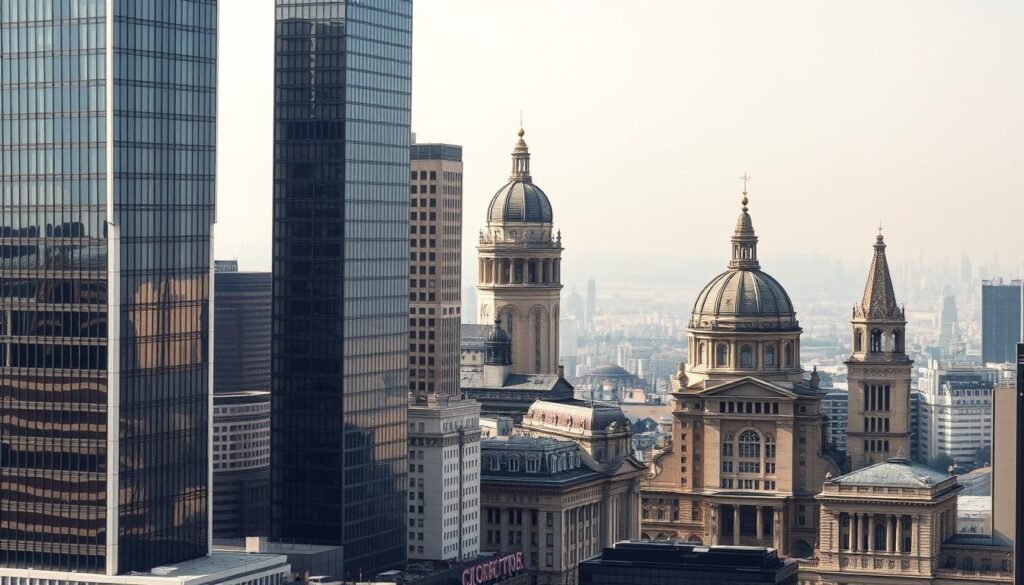 An impressive cityscape of iconic buildings, captured with a wide-angle lens to showcase their grandeur. In the foreground, sleek, modernist skyscrapers reach towards the sky, their geometric facades shimmering under crisp, directional lighting. In the middle ground, historic towers and domes rise, their ornate details and weathered stone conveying a sense of timeless elegance. The background is framed by a hazy, atmospheric skyline, creating a sense of depth and scale. The overall scene exudes a harmonious blend of old and new, with the structures standing as testament to the ingenuity and ambition of their designers.
