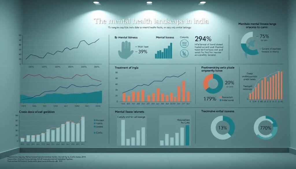 An informative data visualization depicting the current mental health landscape in India. A clean, minimalist design with a neutral color palette showcases key statistics on mental illness prevalence, treatment gaps, and access to care. Detailed line graphs, bar charts, and pie charts are arranged in a balanced, easy-to-read layout, conveying the scale and urgency of the mental health crisis. Muted lighting and a cool, clinical atmosphere evoke a sense of introspection and the need for action. Crisp, high-resolution rendering ensures maximum clarity and impact for the article's audience. An informative data visualization depicting the current mental health landscape in India. A clean, minimalist design with a neutral color palette showcases key statistics on mental illness prevalence, treatment gaps, and access to care. Detailed line graphs, bar charts, and pie charts are arranged in a balanced, easy-to-read layout, conveying the scale and urgency of the mental health crisis. Muted lighting and a cool, clinical atmosphere evoke a sense of introspection and the need for action. Crisp, high-resolution rendering ensures maximum clarity and impact for the article's audience.