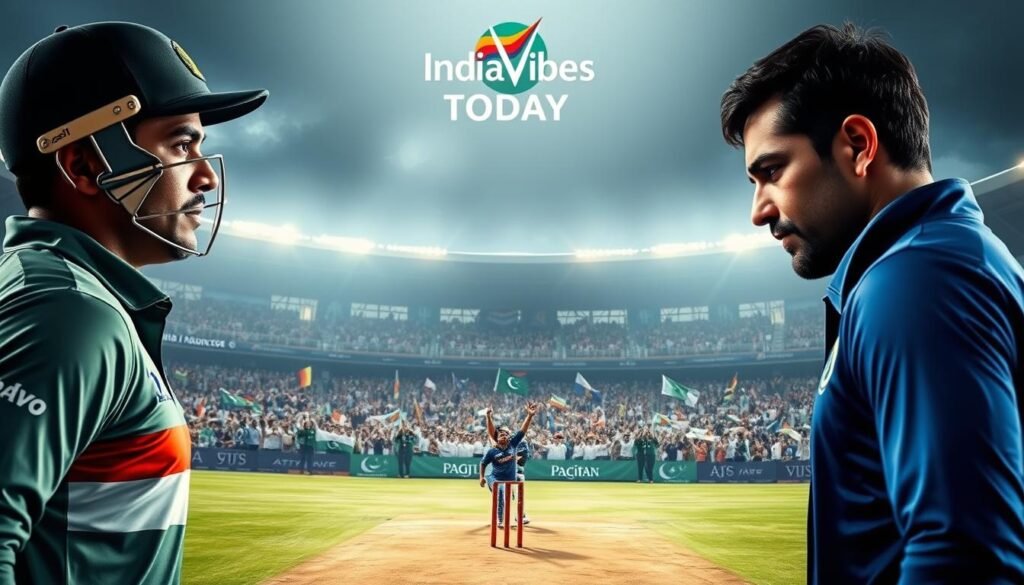 An intense clash between India and Pakistan on the cricket field, set against a backdrop of historical tensions and national pride. In the foreground, the captains of the two teams, locked in a fierce stare-down, their expressions reflecting the high stakes of the match. The midground features the roaring crowds, waving flags and banners in the colors of their respective teams, creating an electric atmosphere. The background showcases the iconic IndiaVibes Today branding, hinting at the global significance of this rivalry. Dramatic lighting and cinematic camera angles heighten the sense of drama and anticipation, capturing the essence of the "Historical Rivalry Spotlight: India vs Pakistan Dynamics in the Asia Cup".