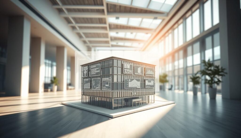 An interior architectural rendering of a Building Information Modeling (BIM) software interface, with a sleek, modern aesthetic. The foreground showcases a 3D model of a commercial building, rendered in high detail with realistic textures and materials. The middle ground features a clean, minimalist user interface displaying various BIM tools and data visualizations. The background depicts a luminous, sun-drenched office environment with floor-to-ceiling windows, creating a sense of openness and sophistication. Precise camera angle and depth of field emphasize the central 3D model, while soft, directional lighting casts subtle shadows and highlights the digital building's structural elements.