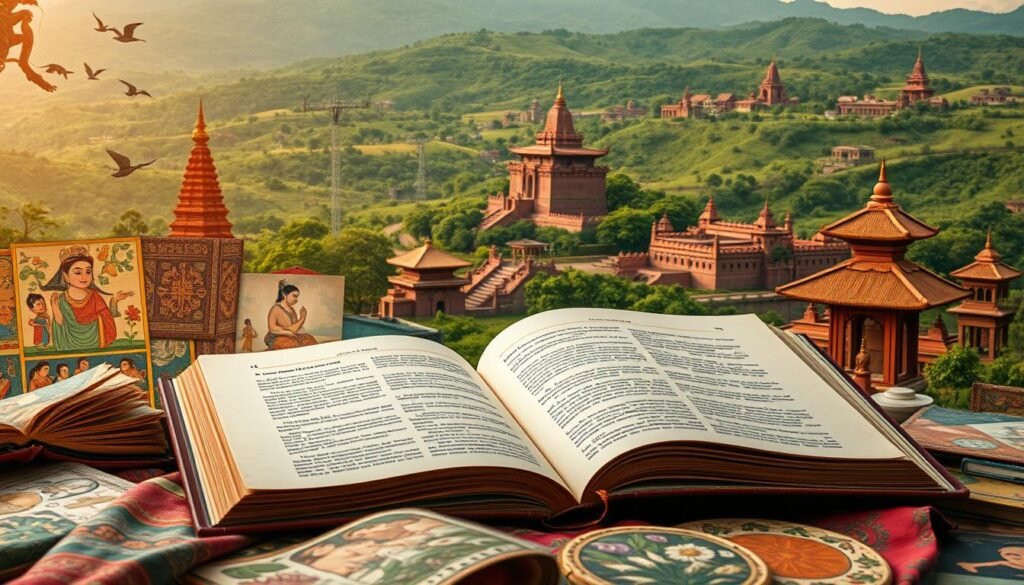 An intricate tapestry of regional literature, a vibrant mosaic of diverse narratives. In the foreground, a well-worn book lies open, its pages whispering tales of local traditions and cultural heritage. Surrounding it, a collage of illustrations and artworks - a hand-painted mural, a delicate woodblock print, a captivating tapestry - each a reflection of the rich artistic expression found in the region. In the background, a lush, verdant landscape, dotted with ancient temples and monuments, serves as a poignant backdrop, reminding us of the deep-rooted connections between place, language, and creative expression. Soft, diffused lighting casts a warm, inviting glow, evoking a sense of timelessness and the enduring power of regional literature to captivate and inspire. An intricate tapestry of regional literature, a vibrant mosaic of diverse narratives. In the foreground, a well-worn book lies open, its pages whispering tales of local traditions and cultural heritage. Surrounding it, a collage of illustrations and artworks - a hand-painted mural, a delicate woodblock print, a captivating tapestry - each a reflection of the rich artistic expression found in the region. In the background, a lush, verdant landscape, dotted with ancient temples and monuments, serves as a poignant backdrop, reminding us of the deep-rooted connections between place, language, and creative expression. Soft, diffused lighting casts a warm, inviting glow, evoking a sense of timelessness and the enduring power of regional literature to captivate and inspire.