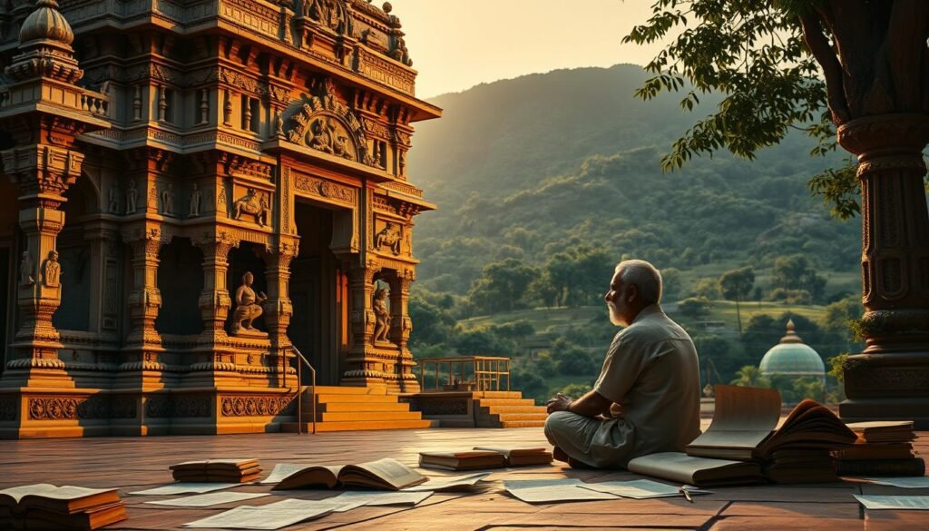An intricately detailed ancient Indian temple, its ornate architecture gleaming in the soft, golden light of dawn. The ornate facade is adorned with intricate carvings and sculptures depicting scenes from the Vedas, the timeless spiritual texts that have shaped India's philosophical traditions. In the foreground, a serene scholar sits cross-legged, deep in contemplation, surrounded by scattered parchments and tomes. The background features a lush, verdant landscape, hinting at the Vedas' connection to the natural world. An atmosphere of tranquility and timeless wisdom pervades the scene, capturing the enduring influence of these ancient scriptures on Indian thought and spirituality. An intricately detailed ancient Indian temple, its ornate architecture gleaming in the soft, golden light of dawn. The ornate facade is adorned with intricate carvings and sculptures depicting scenes from the Vedas, the timeless spiritual texts that have shaped India's philosophical traditions. In the foreground, a serene scholar sits cross-legged, deep in contemplation, surrounded by scattered parchments and tomes. The background features a lush, verdant landscape, hinting at the Vedas' connection to the natural world. An atmosphere of tranquility and timeless wisdom pervades the scene, capturing the enduring influence of these ancient scriptures on Indian thought and spirituality.