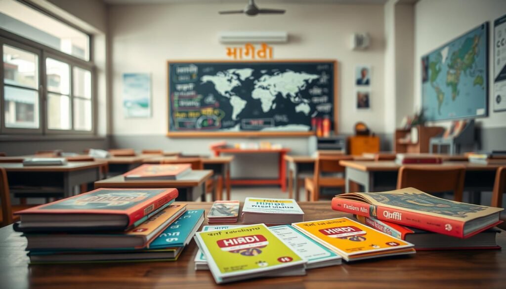 An inviting classroom scene with bright, airy lighting and a warm, welcoming atmosphere. In the foreground, a collection of vibrant textbooks, flashcards, and learning materials are neatly arranged on a wooden desk. The middle ground features a chalkboard or whiteboard, adorned with hand-drawn diagrams and colorful Hindi script. In the background, a world map or other cultural artifacts suggest an immersive, multicultural learning environment. The overall mood is one of curiosity, discovery, and a desire to master the nuances of the Hindi language.