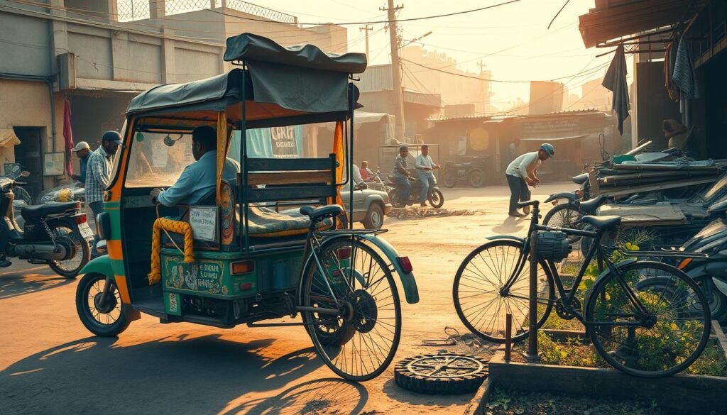 An outdoor scene in a bustling Indian market, featuring a motley collection of creatively repurposed vehicles, tools, and materials in action. In the foreground, a colorful auto-rickshaw retrofitted with an oversized cargo hold, its driver skillfully navigating the crowded streets. In the middle ground, a makeshift bicycle-powered water pump irrigating a small vegetable patch, its pedals creatively linked to a salvaged motor. In the background, a scrap metal workshop where workers weld together discarded parts into novel contraptions. Warm, golden sunlight filters through the haze, casting a vibrant, improvisational atmosphere over the entire scene. The overall mood conveys a sense of ingenuity, resourcefulness, and the can-do spirit of Jugaad innovation.