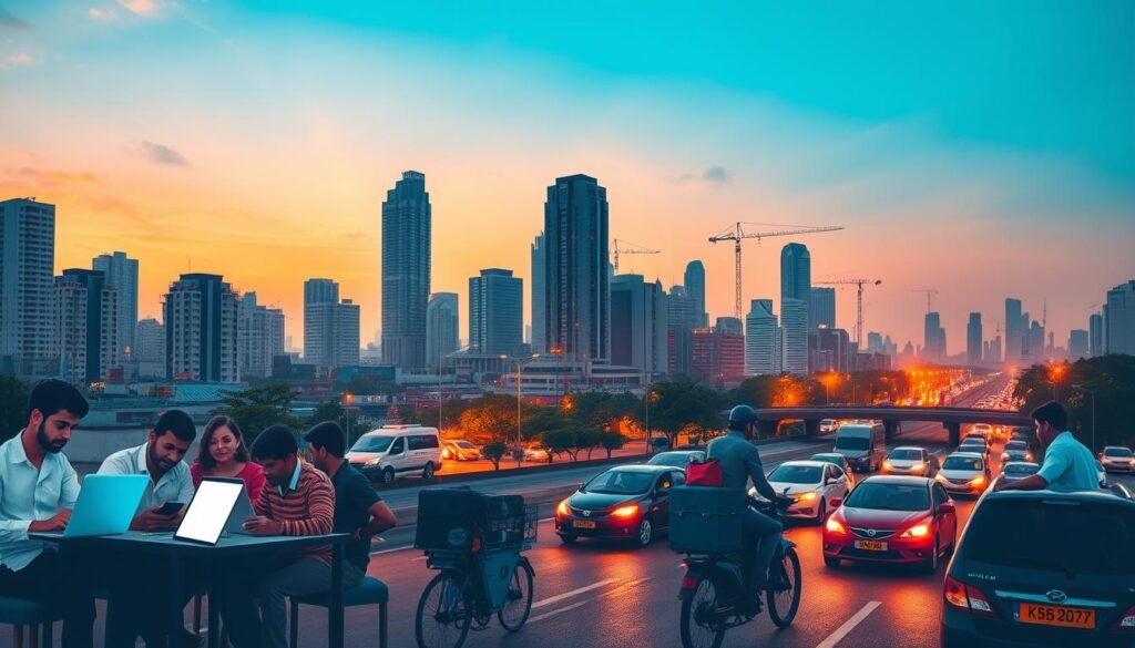 An urban skyline at dusk, with a mix of modern high-rises and older buildings. In the foreground, a group of people working on their laptops and mobile devices, representing the gig economy. The figures are diverse, with men and women of different ages and ethnicities, reflecting the inclusive nature of the gig workforce. The lighting is warm and soft, creating a sense of energy and productivity. In the middle ground, a fleet of delivery vehicles and rideshare cars weave through the traffic, symbolizing the on-demand services that are the backbone of the gig economy. In the background, towering skyscrapers and cranes hint at the rapid development and growth of the urban landscape. The overall atmosphere conveys the dynamism, flexibility, and adaptability of the gig economy in India. An urban skyline at dusk, with a mix of modern high-rises and older buildings. In the foreground, a group of people working on their laptops and mobile devices, representing the gig economy. The figures are diverse, with men and women of different ages and ethnicities, reflecting the inclusive nature of the gig workforce. The lighting is warm and soft, creating a sense of energy and productivity. In the middle ground, a fleet of delivery vehicles and rideshare cars weave through the traffic, symbolizing the on-demand services that are the backbone of the gig economy. In the background, towering skyscrapers and cranes hint at the rapid development and growth of the urban landscape. The overall atmosphere conveys the dynamism, flexibility, and adaptability of the gig economy in India.
