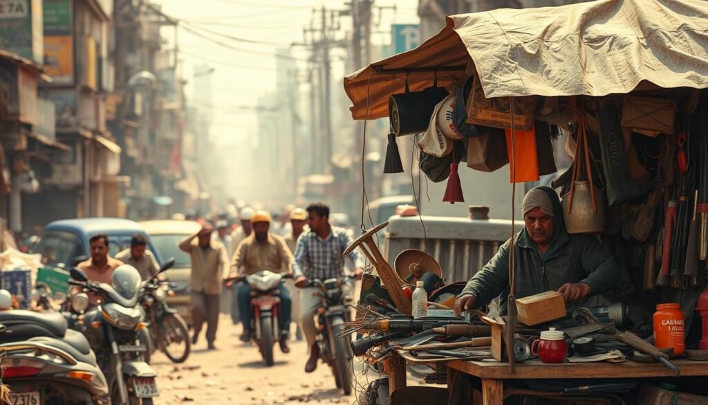 Challenges of jugaad: A bustling street scene, with a cluttered, makeshift stall in the foreground, showcasing an array of repurposed and improvised tools and gadgets. In the middle ground, people skillfully navigate through the crowded space, using their ingenuity to solve problems with limited resources. The background is hazy, with a sense of urban chaos, highlighting the constraints and obstacles that drive this innovative approach. The lighting is warm and natural, capturing the resourcefulness and resilience of the people. The composition emphasizes the sense of improvisation and the challenges of jugaad-driven innovation.